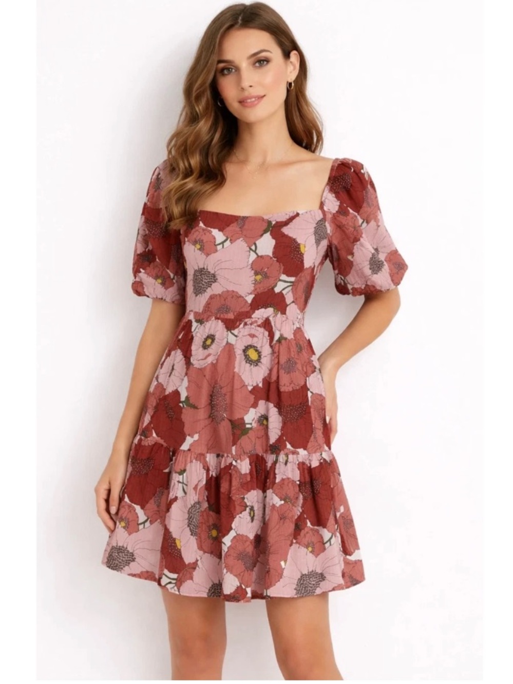 Ann Taylor LOFT Floral Poppy Square Neck Puff Sleeve Tiered Mini Dress Pink 8